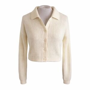 Hollister Womens White Ribbed Cropped Polo Cardigan Sweater White Size M Y2K